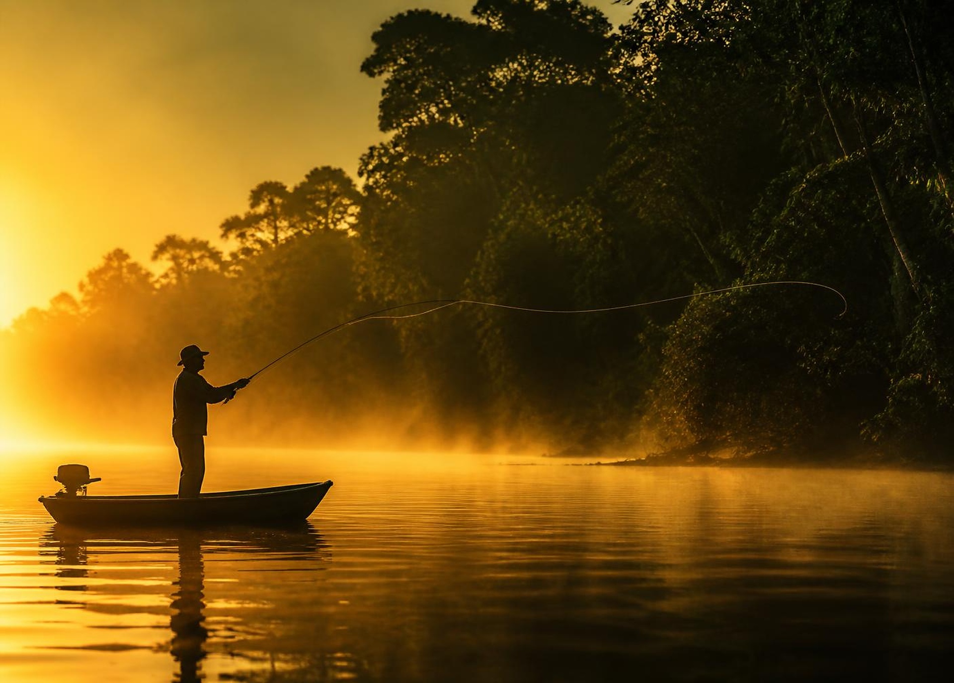 Pescaria em rio ao amanhecer